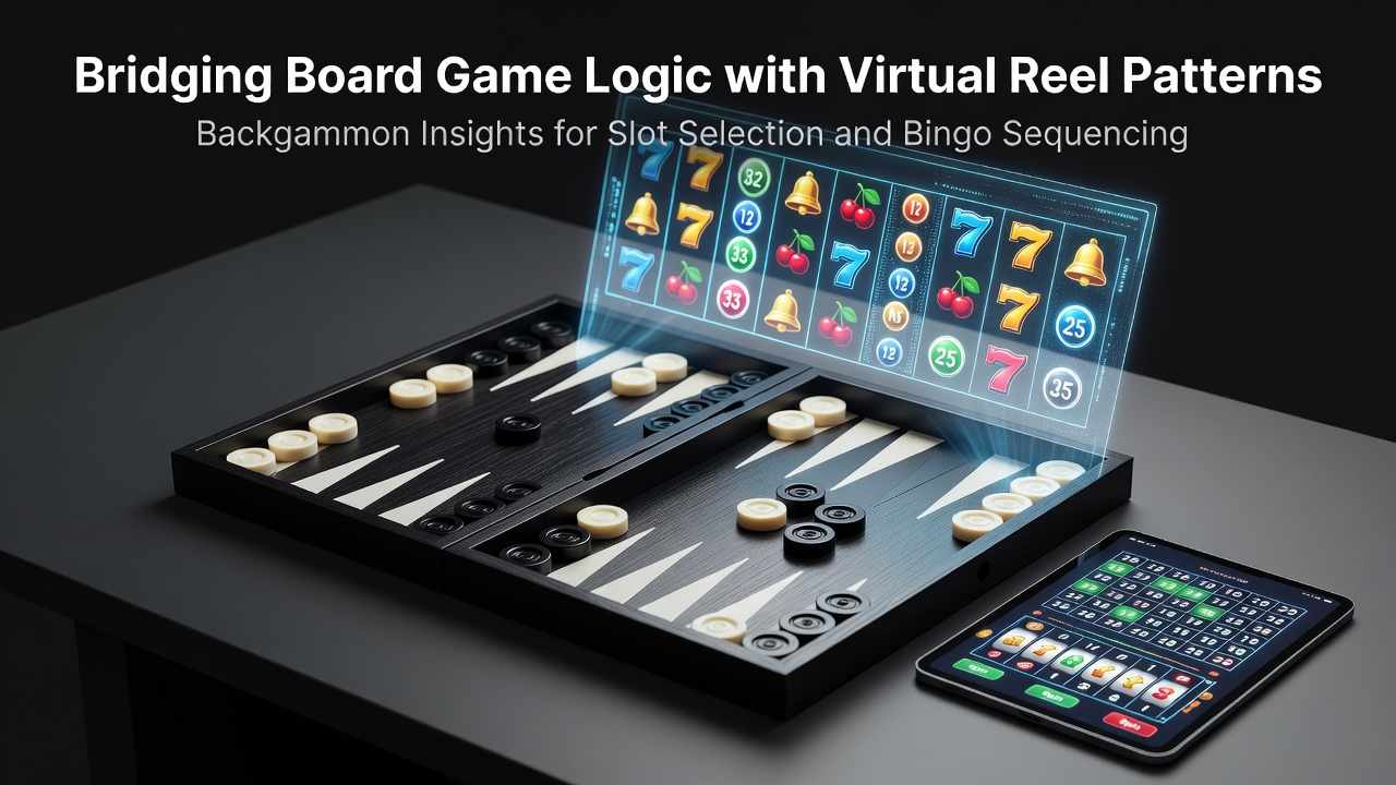 Backgammon board positioned alongside digital slot reels and bingo cards showing probability connections