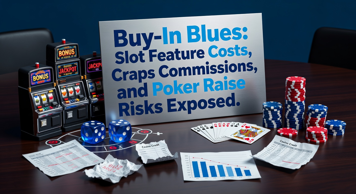 Casino table with slots, craps layout, and poker chips highlighting buy-in elements