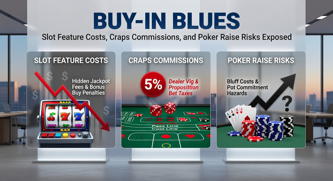 Close-up of craps table buy bet marker and poker raise action with slot screen in background