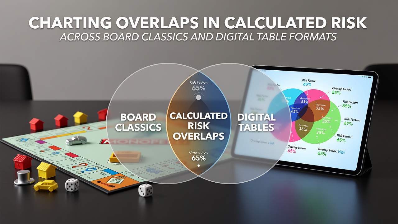 Visual representation of risk calculation overlaps between classic board games like chess and backgammon alongside their digital table formats