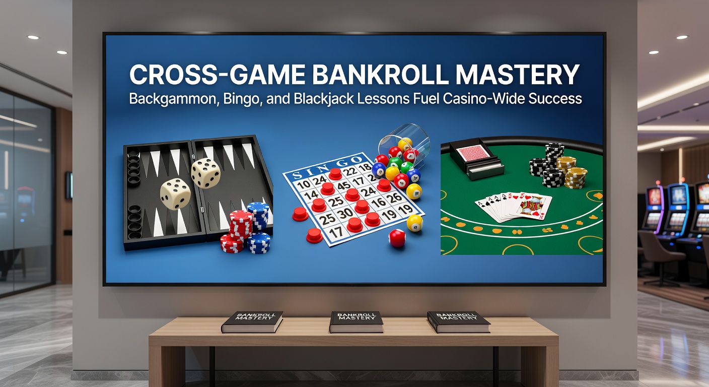 Players at a digital casino table blending backgammon, bingo, and blackjack elements, symbolizing cross-game bankroll strategies