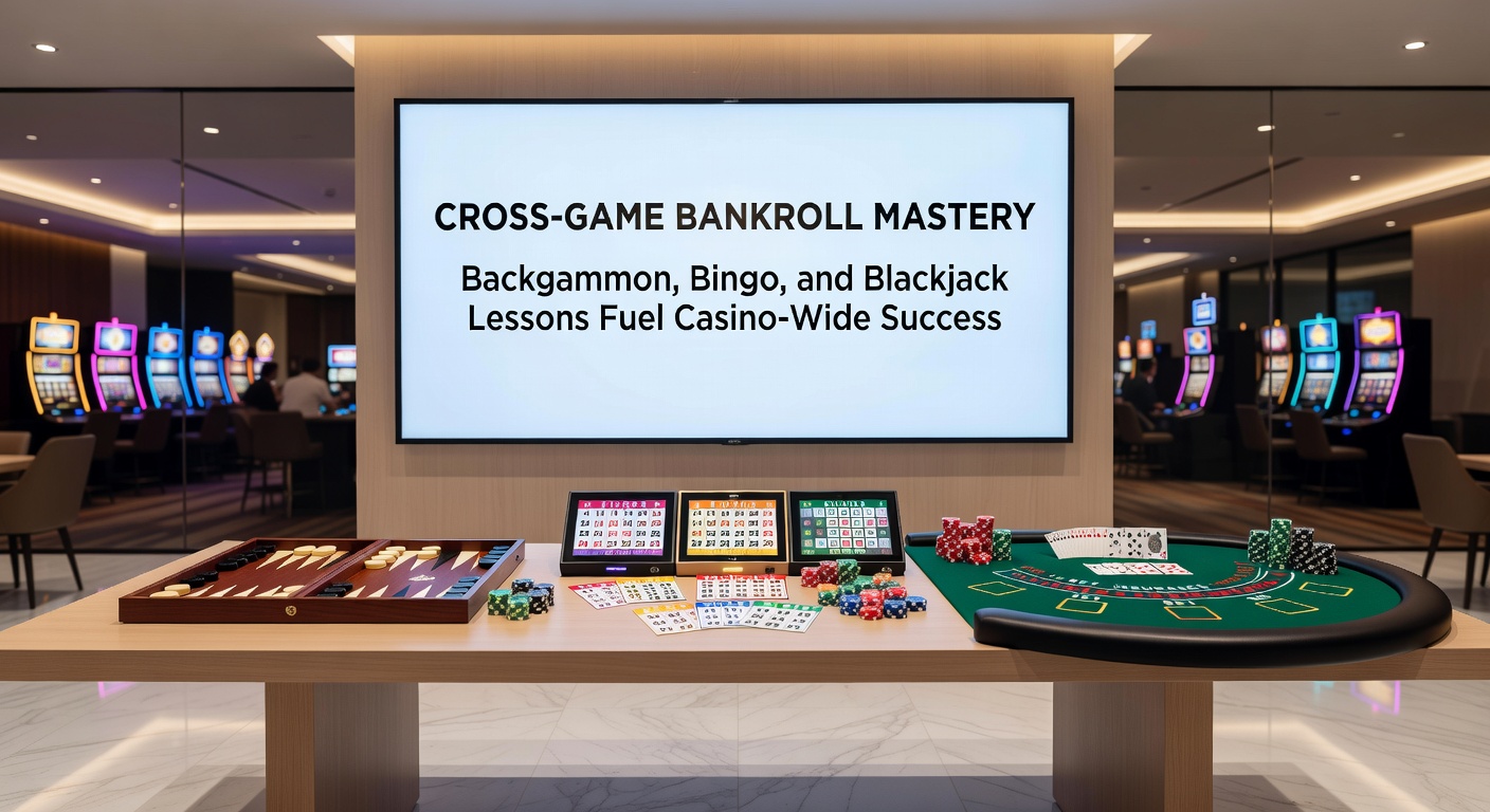 Close-up of a bankroll chart overlaying backgammon board, bingo cards, and blackjack table, illustrating strategic fund allocation