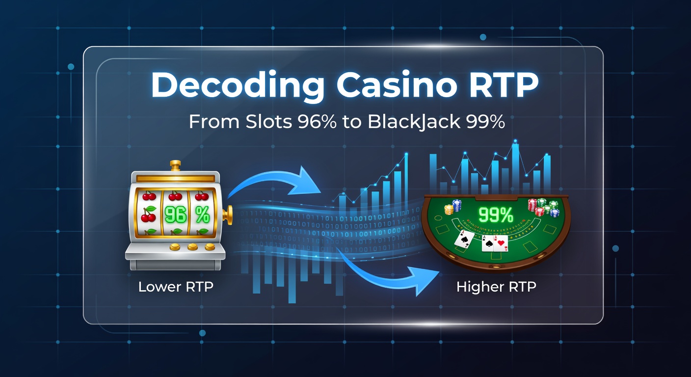 Visual breakdown of RTP percentages across popular casino games like slots and blackjack, showing return bars from 96% to 99%