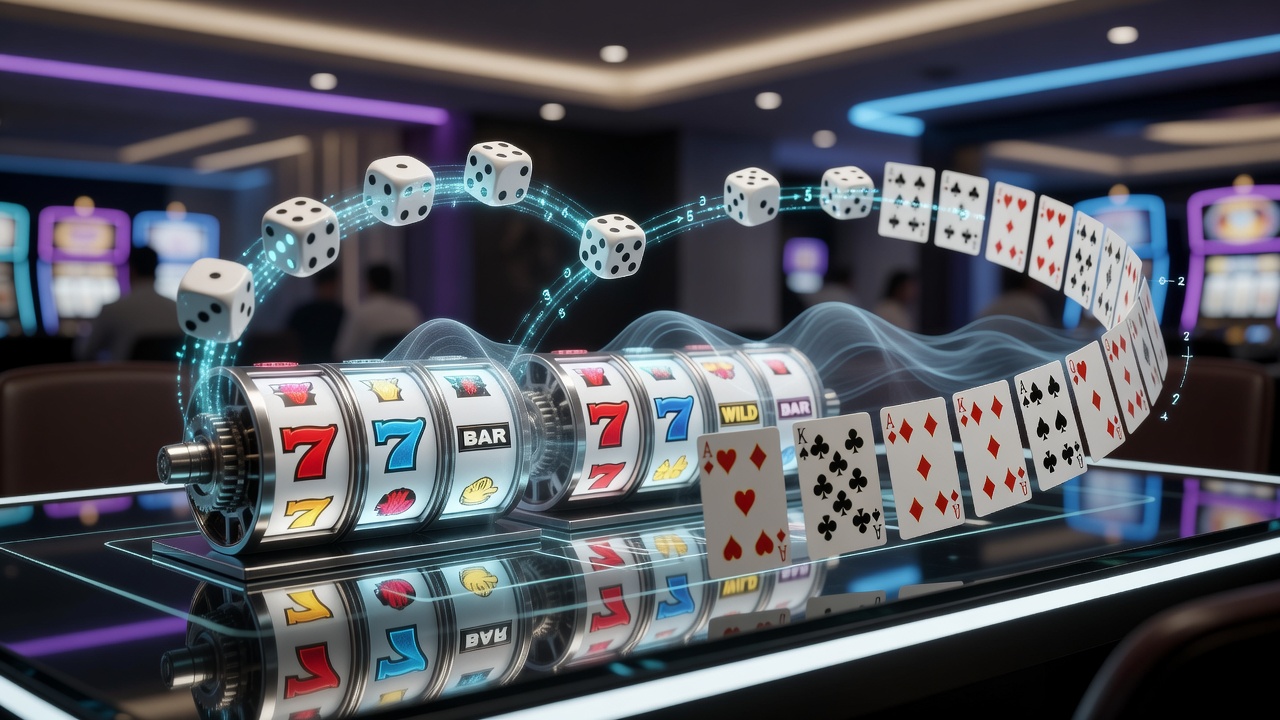 Illustration of dice sequences influencing slot reel alignments in a casino environment