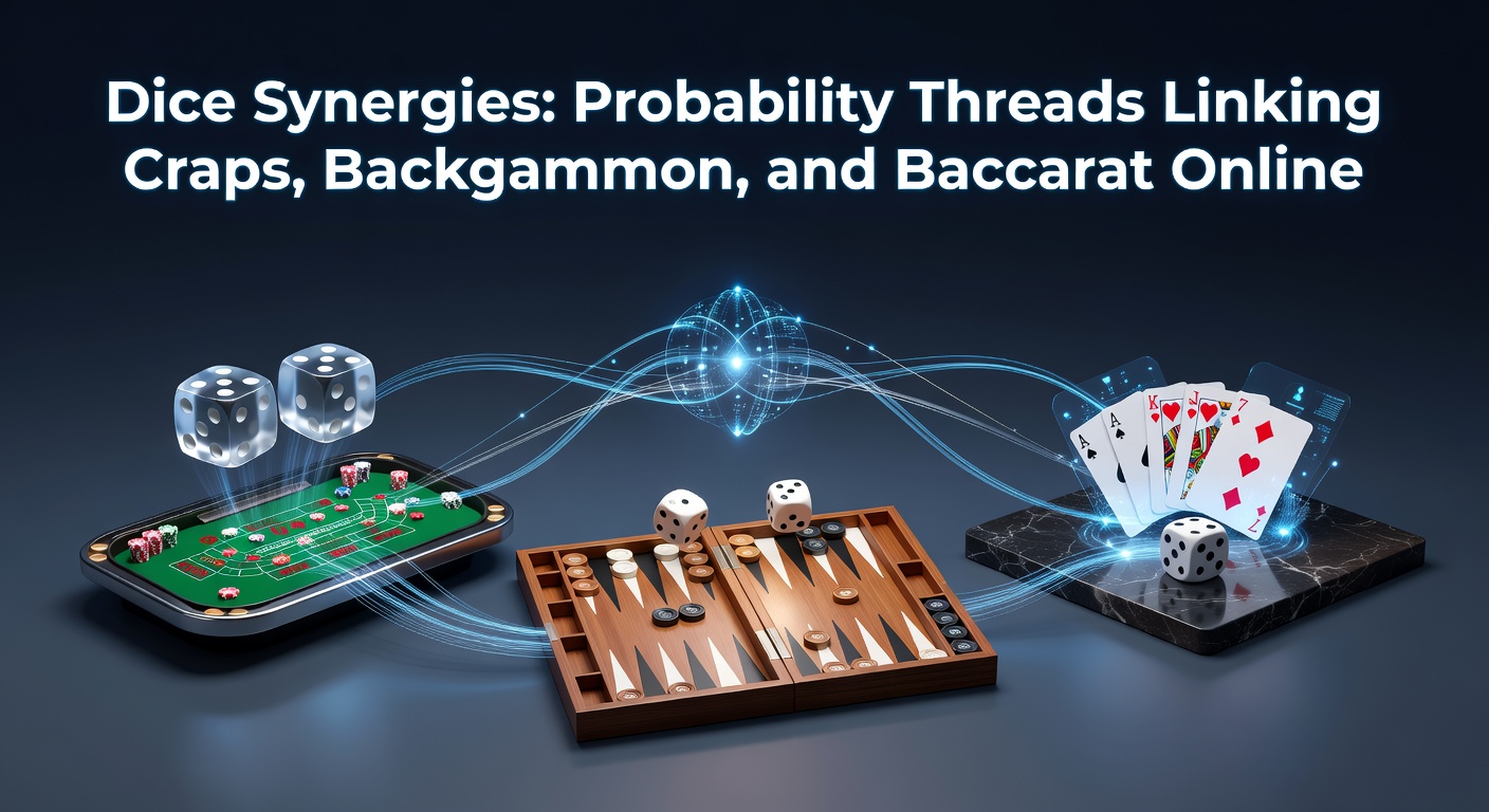 Vibrant illustration of dice rolling across craps, backgammon board, and baccarat table, highlighting interconnected probability lines