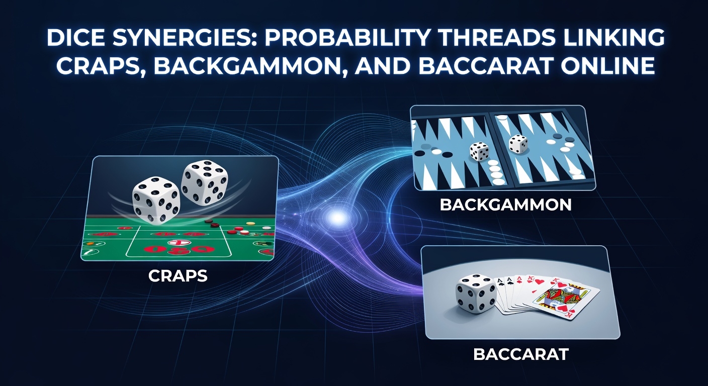 Dynamic backgammon board mid-game with dice and doubling cube, intertwined with craps and baccarat probability charts