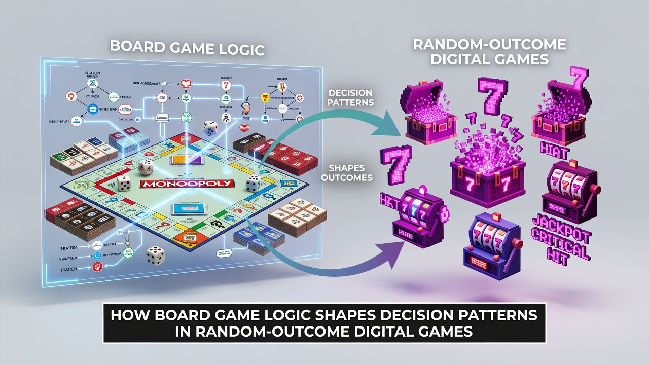 Board game pieces and digital interfaces merging to illustrate strategic decision patterns in random outcome environments