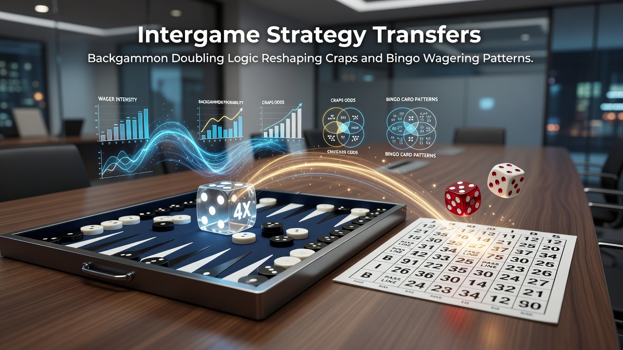Backgammon doubling cube positioned next to craps dice and bingo cards illustrating strategy transfer concepts