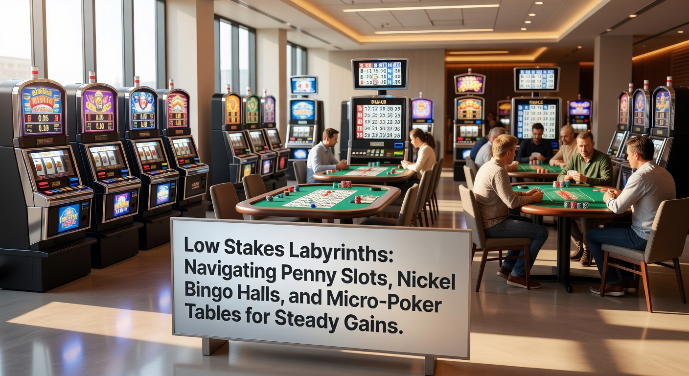 Vibrant penny slot machine lights up a dimly lit casino floor, with players inserting coins into low-denomination machines