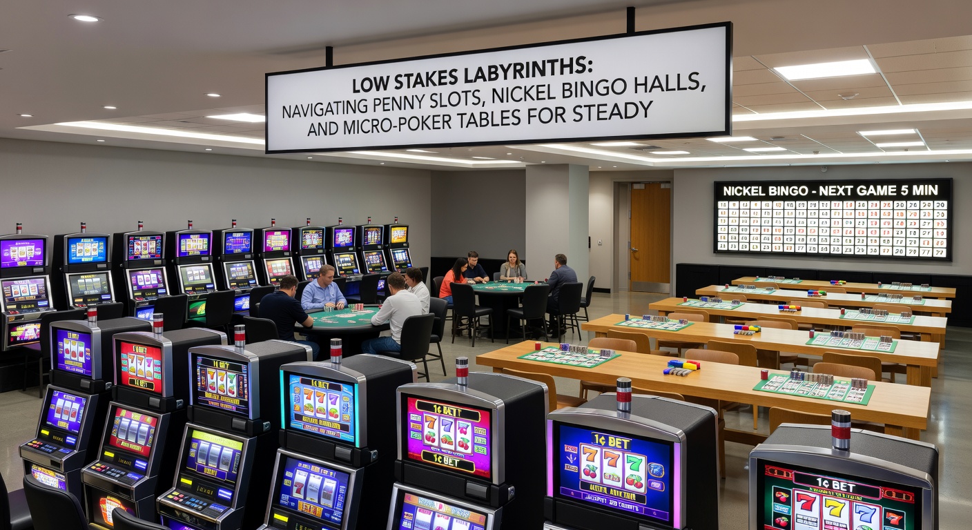 Crowded nickel bingo hall with players marking cards under bright lights, stacks of cheap cards visible on tables