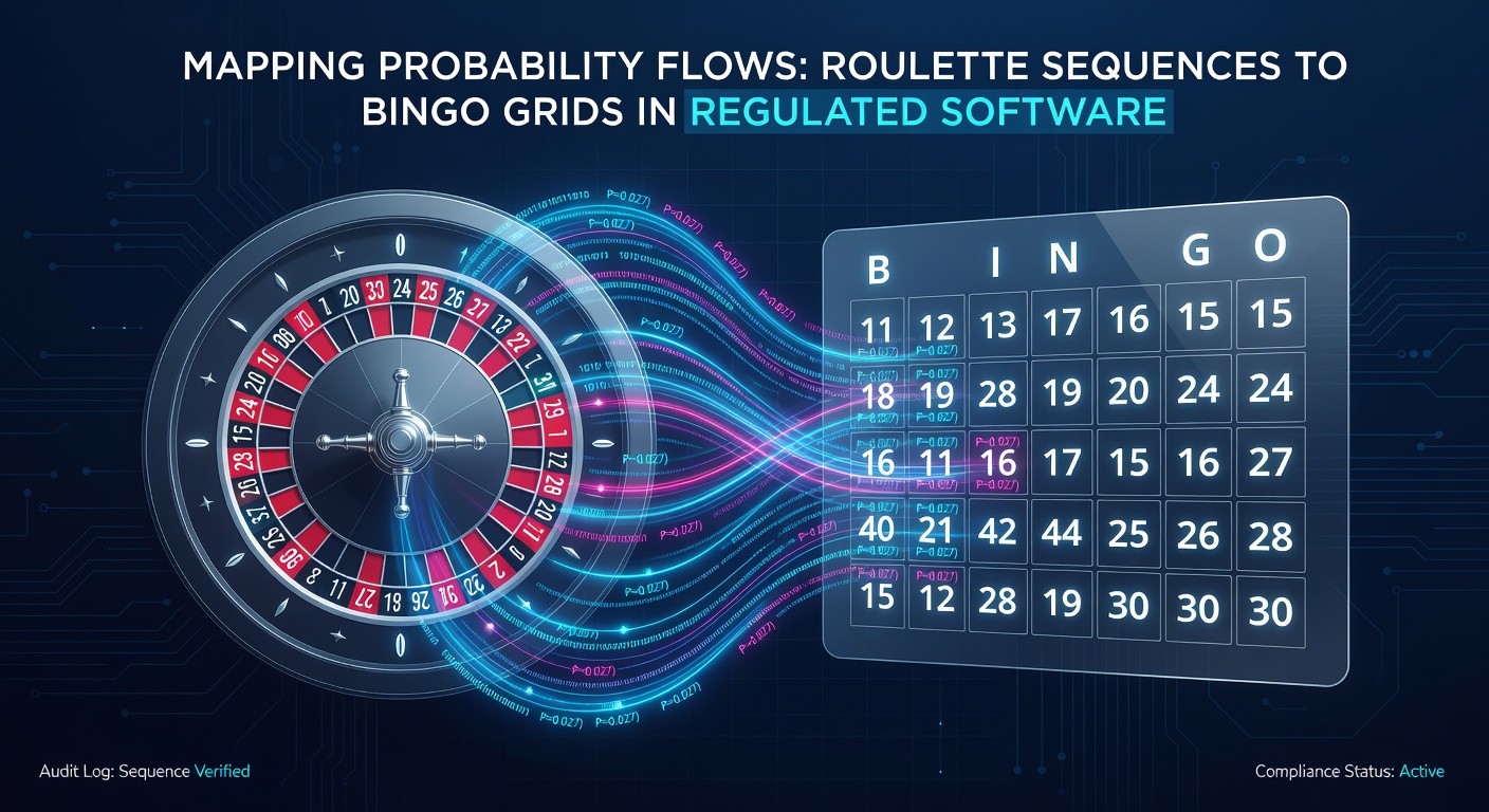 Roulette wheel and bingo card overlaid with probability flow diagrams in a software testing interface
