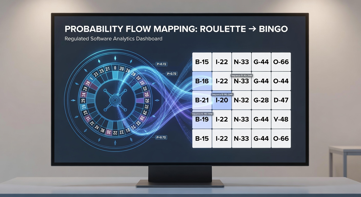 Detailed software dashboard showing probability flow mapping between roulette sequences and bingo grids