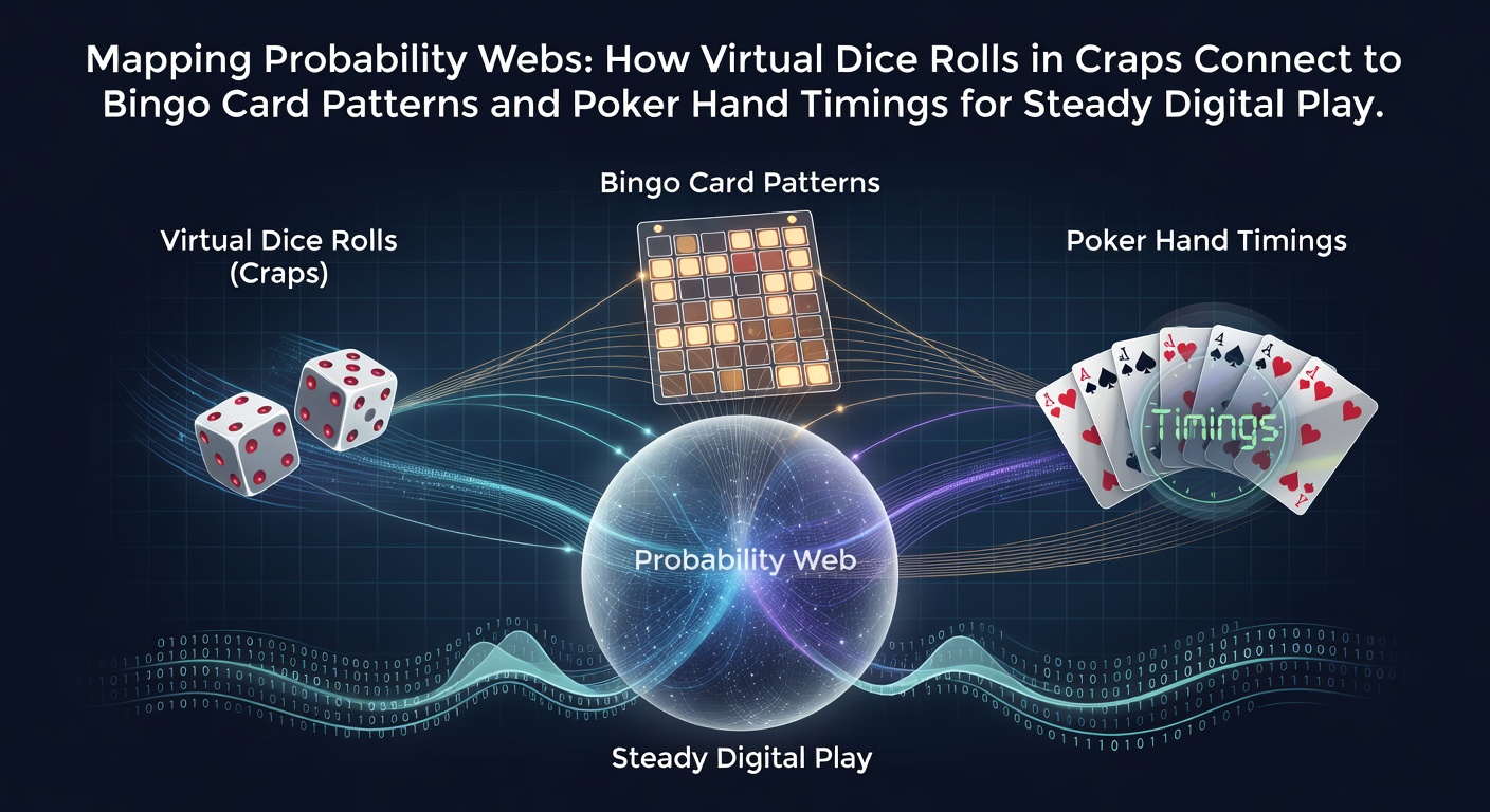 Visual representation of probability webs linking craps dice rolls to bingo patterns and poker timings in digital environments