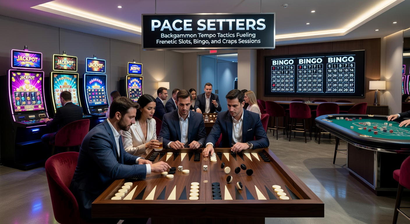 Dynamic craps table frenzy with dice flying, bingo cards marked rapidly, and slot reels spinning, capturing backgammon-inspired tempo in casino action
