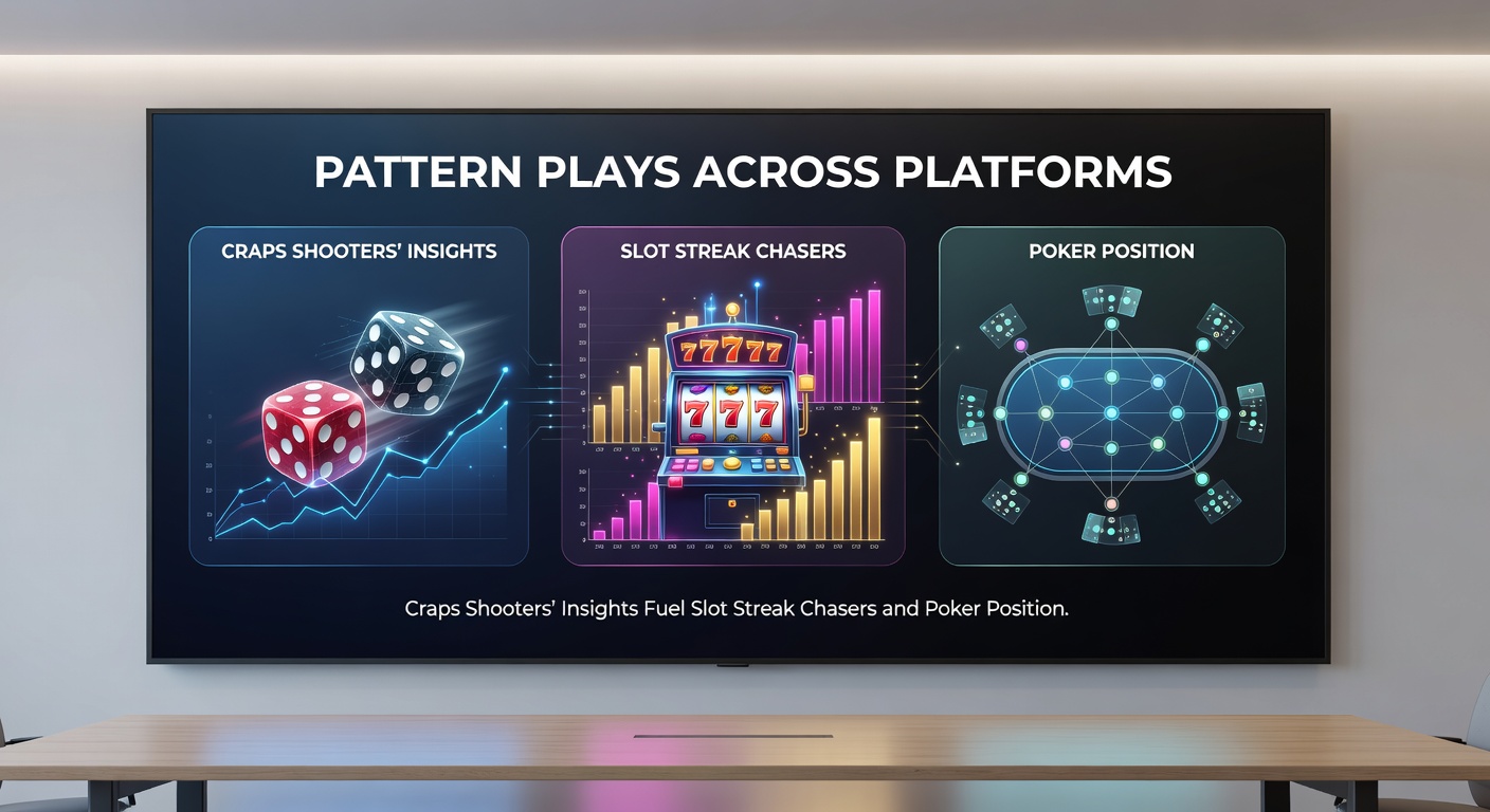 Split-view of vibrant slot reels spinning streaks alongside a poker table with players assessing positions, illustrating cross-game strategy application