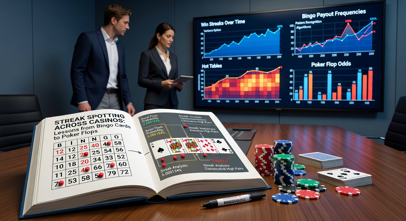 Casino table with bingo cards and poker chips showing emerging patterns and streaks