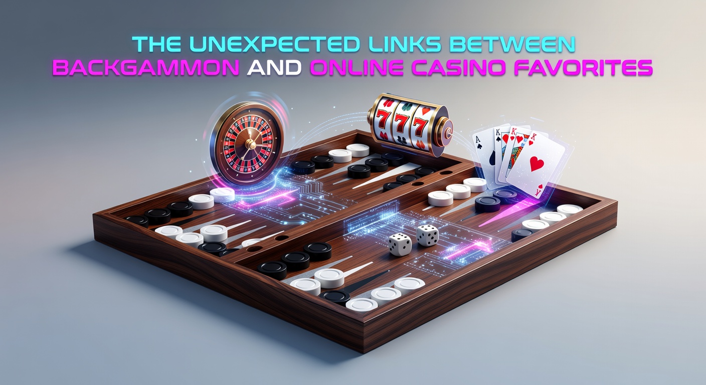Vintage backgammon board setup next to modern online casino interface showing slots and poker tables, highlighting strategic dice and card overlaps