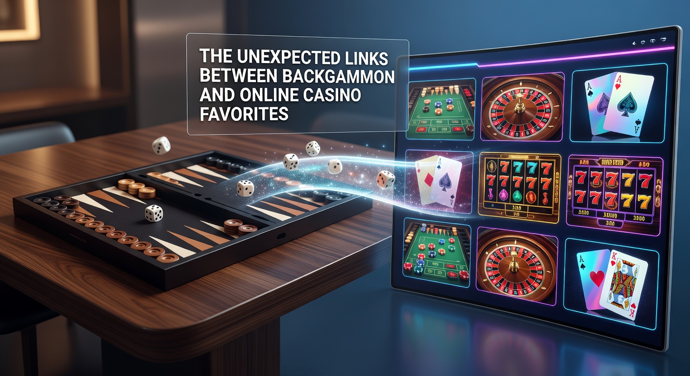 Dynamic split image of backgammon race endgame beside roulette wheel spinning with high-volatility slot reels, illustrating shared risk swings