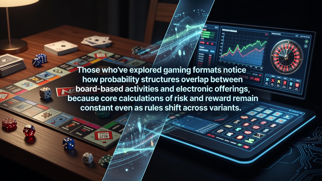 Illustration showing overlapping probability models between board games and digital gaming platforms with dice, cards, and random number generators