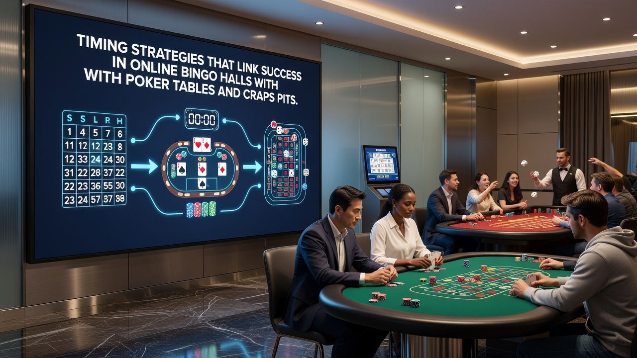 Split-screen view of bingo calls, poker betting timers, and craps dice sequences