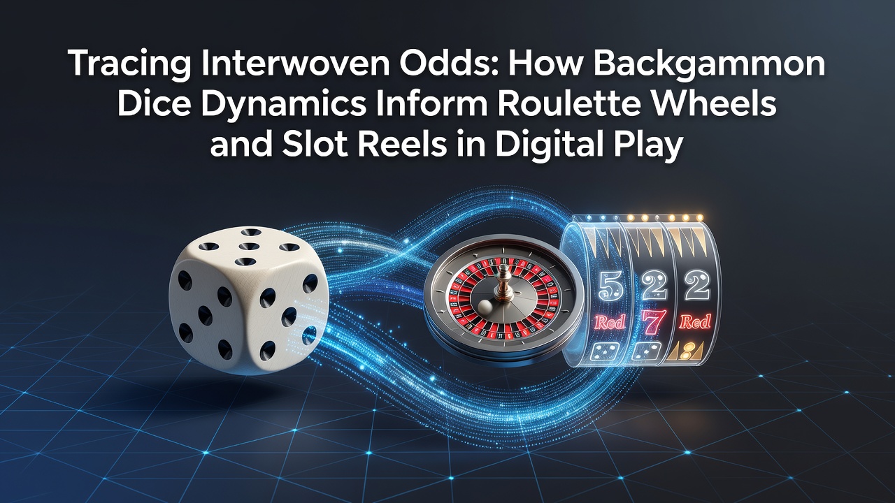 Backgammon dice rolls displayed alongside digital roulette wheel and slot reel interfaces showing probability distributions