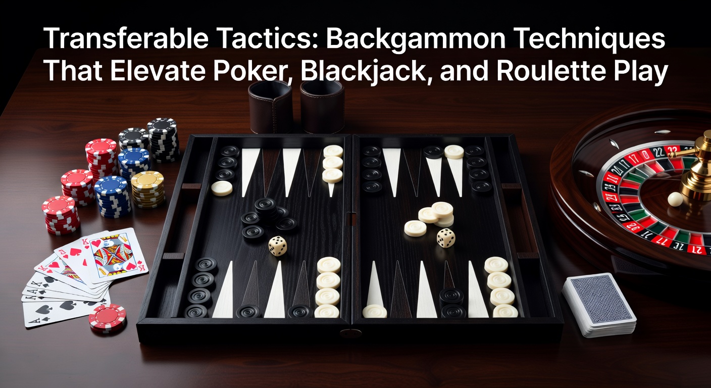 Close-up of a backgammon board mid-game, with checkers positioned strategically alongside poker chips and roulette wheel elements in the background, illustrating tactical overlaps