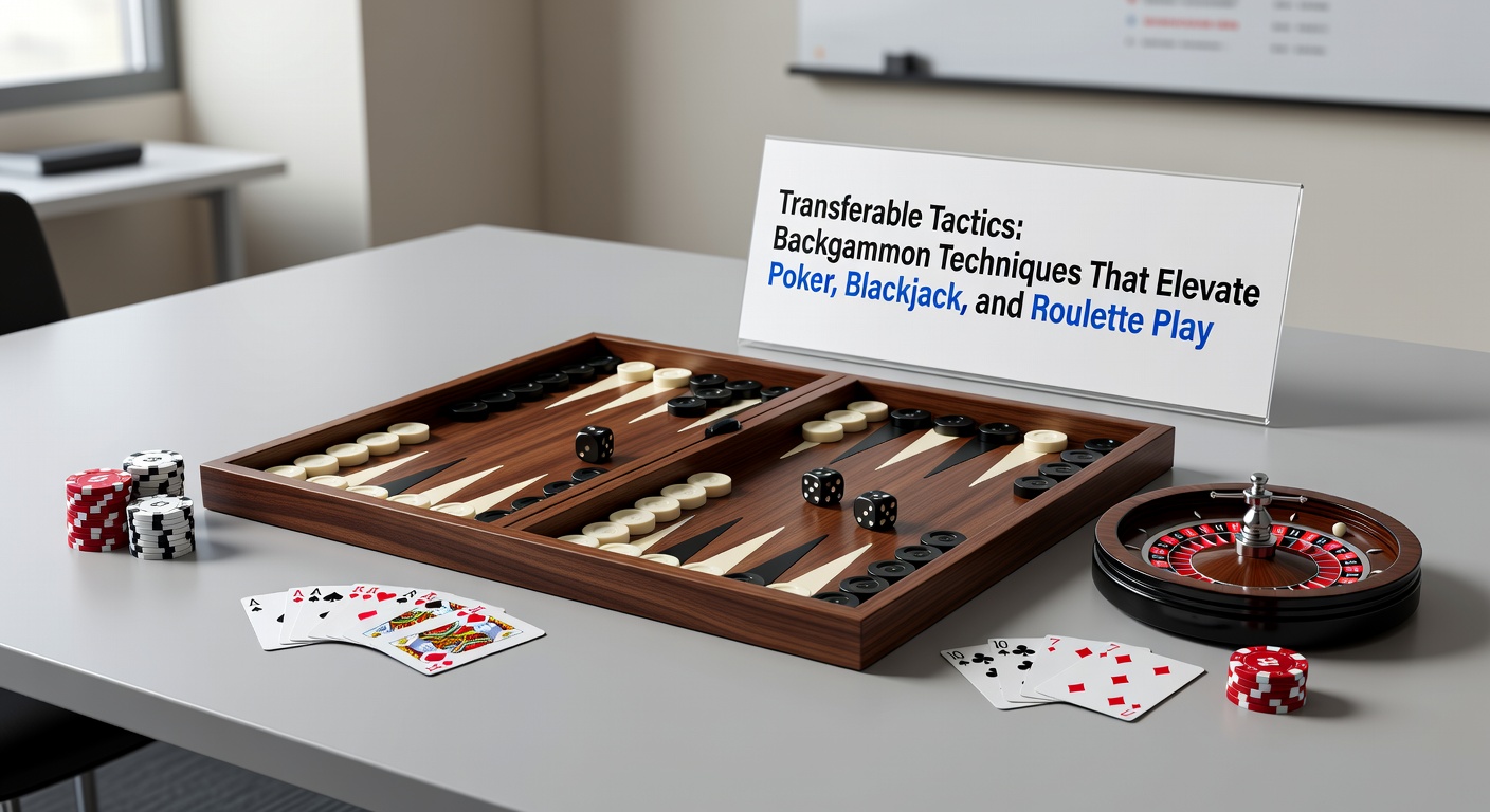 Dynamic split image showing a backgammon doubling cube next to poker hands, blackjack dealer cards, and a roulette betting layout, highlighting risk tactics in action